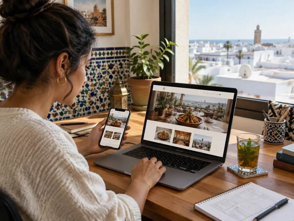 Un site de restaurant affiché sur ordinateur et téléphone, devant une ville marocaine
