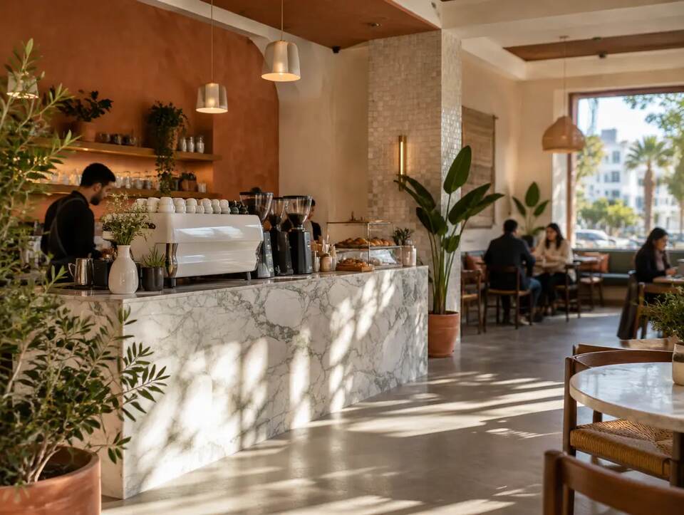 Salle lumineuse d'un café moderne à Agdal