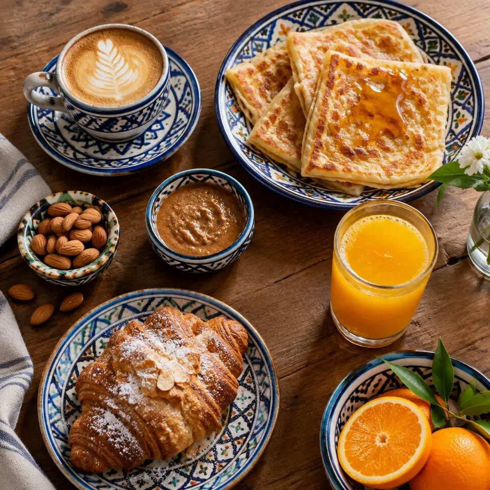 Cappuccino, msemen au miel, amlou et jus d'orange sur une table en bois