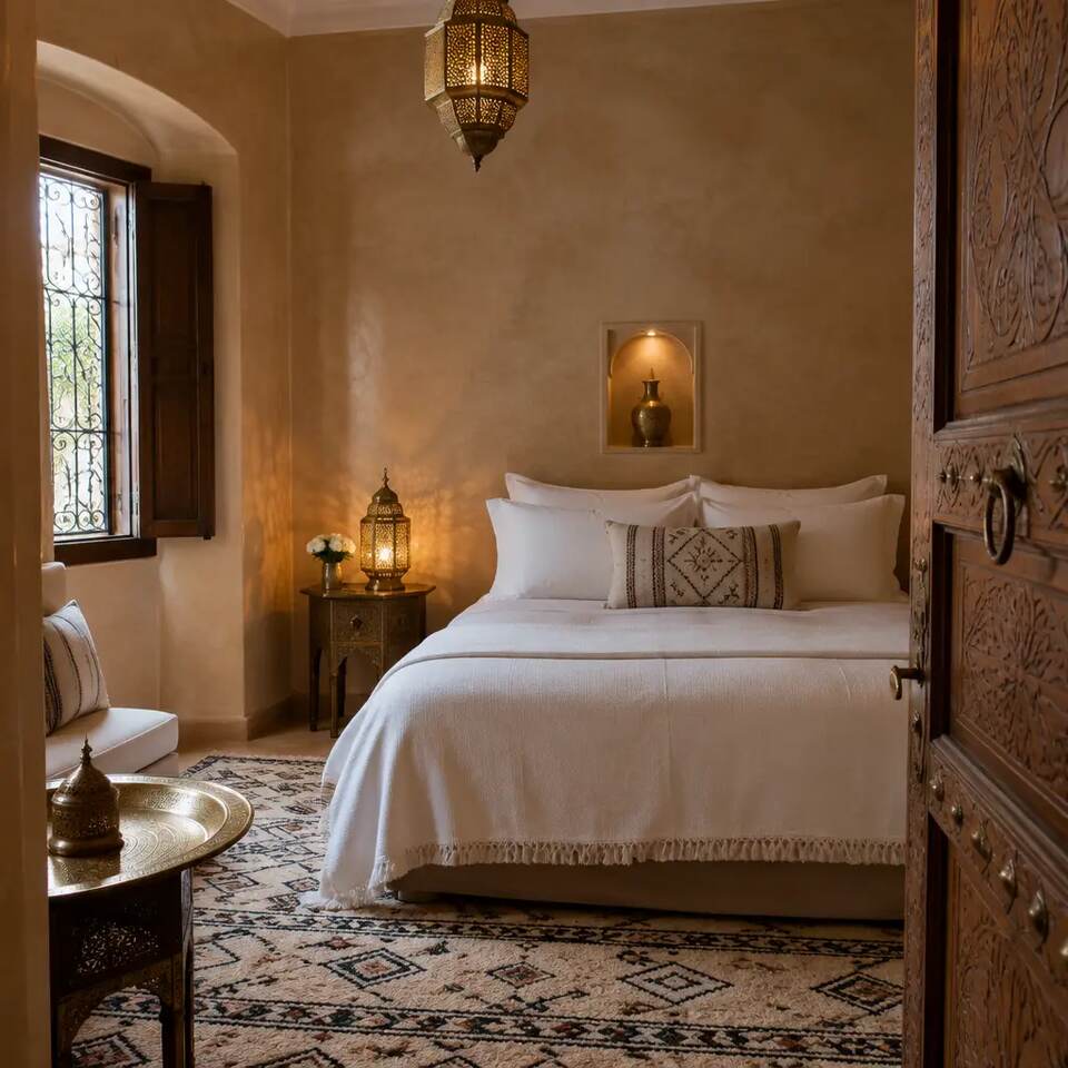 Chambre en tadelakt avec lanternes en laiton et tapis berbère