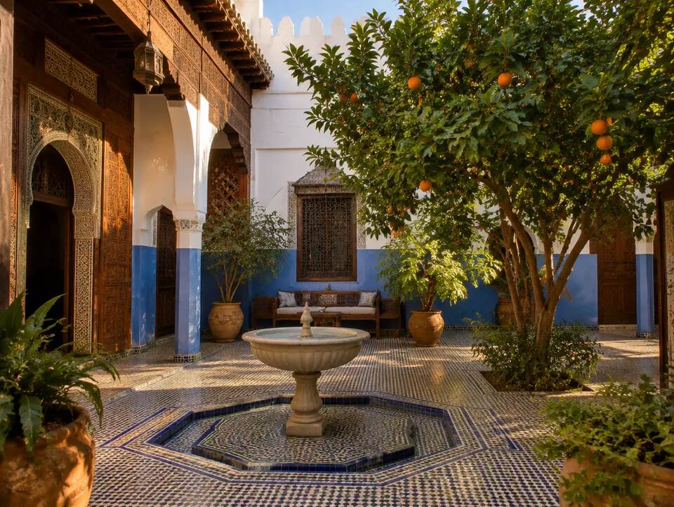 Patio de riad bleu et blanc avec fontaine et oranger