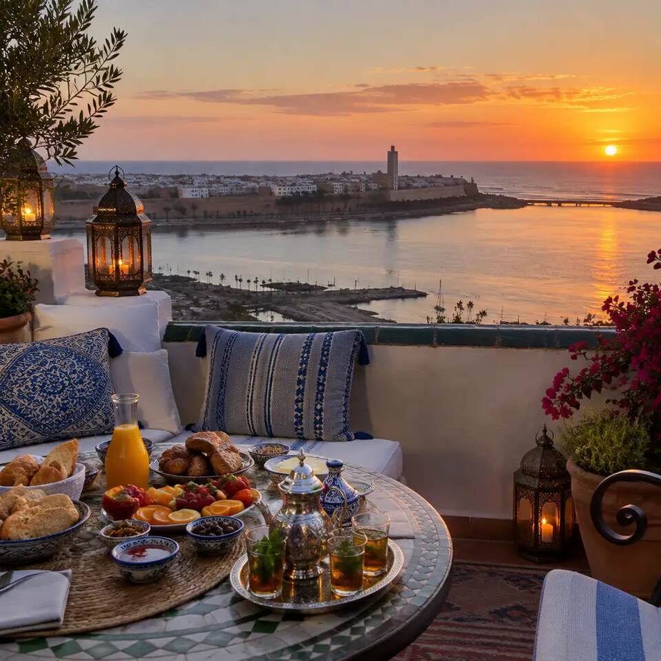 Terrasse du riad au coucher du soleil face à l'océan