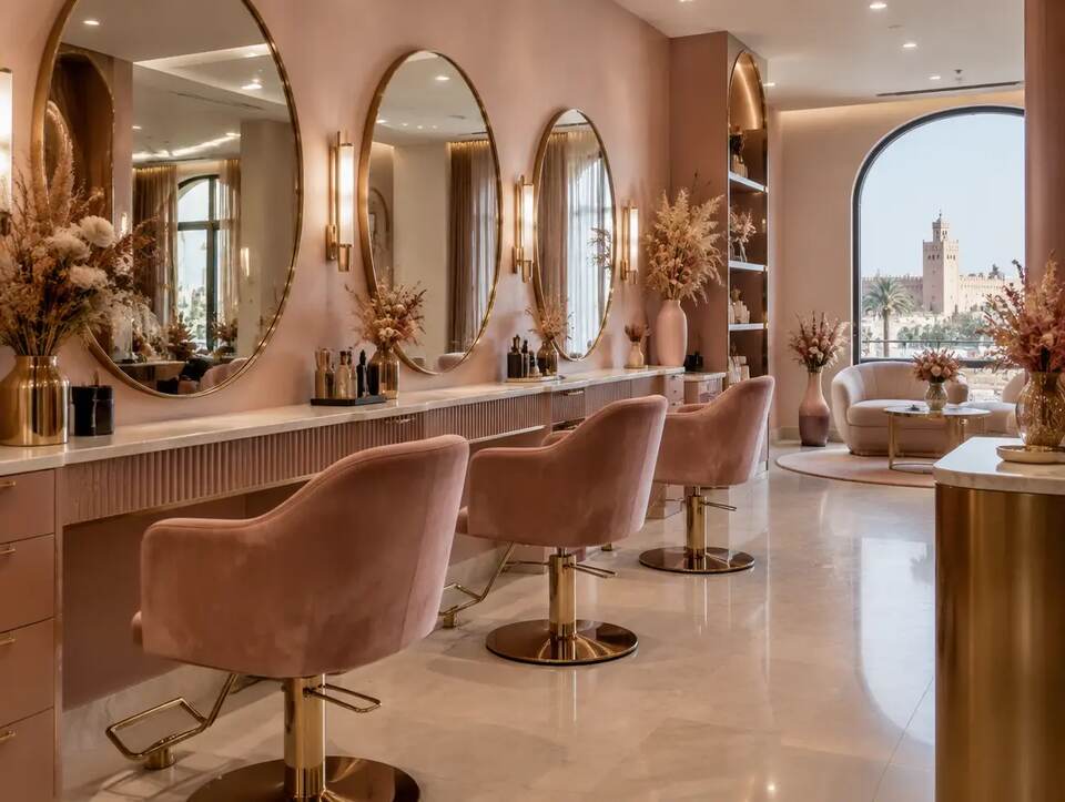 Salon de beauté rose et doré avec grands miroirs ronds
